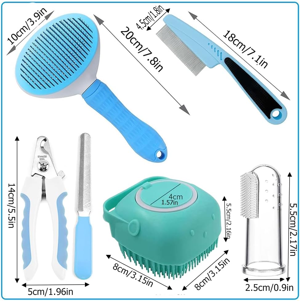 7pcs Pet Grooming Kit, Self-Cleaning Brush Shedding Kit With Nail Clipper, Flea Comb, Shampoo Bath Brush, Finger Toothbrush